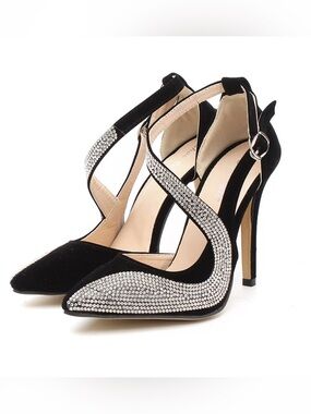 Black velvety velour Rhinestone Crisscross Stiletto Heels Sz 39